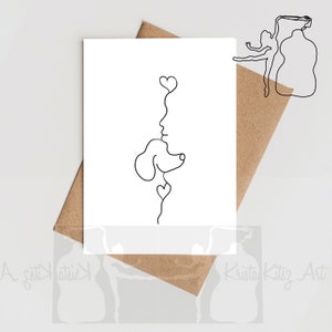 Hond en gezicht lijn tekening , dubbele kaart met envelop, print van inkt pen tekening door Krista Kitsz Art.