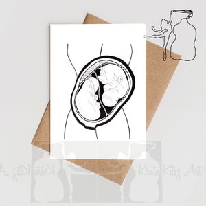 Tweeling in de buik, dubbele kaart met envelop zonder tekst voorkant, print van inkt tekening door Krista Kitsz Art, gepersonaliseerd