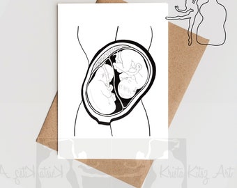 Twins in the belly, double card with envelope without text, print of ink drawing by Krista Kitsz Art.