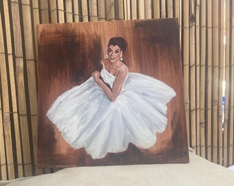 Original painting “Lady in big white dress” Acrylic painting square cardboard 25 x 25 cm, made by KristaKitszArt
