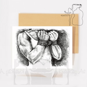 Gebonden handen man, dubbele kaart zonder tekst met envelop, print van inkt tekening door Krista Kitsz Art. Krachtige kaart