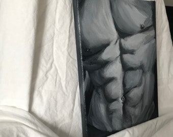 Origineel schilderij “Mannelijk torso” gespierd lijf shades of grays Krista Kitsz Acryl op Stretched Canvas klein kunstwerk