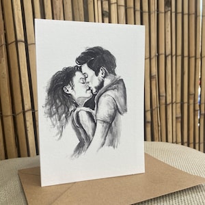 De Kus, ansichtkaart of print, romantische muurkunst , handgeschilderd zwart wit waterverf,
