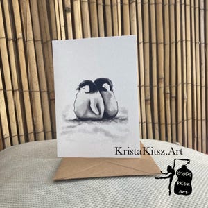 Pinguins dubbele kaart rechtopstaand met envelop zonder tekst , print van inkt en waterverf schildering door Krista Kitsz Art.