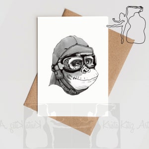 Aap piloot, dubbele kaart rechtopstaand met envelop, met of zonder tekst print van inkt tekening. Grappig kaartje gepersonaliseerd
