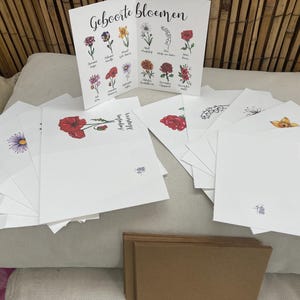 Lot de 12 belles cartes postales pliées fleurs de naissance, en couleur ou beau texte minimaliste en noir et blanc, anglais ou néerlandais