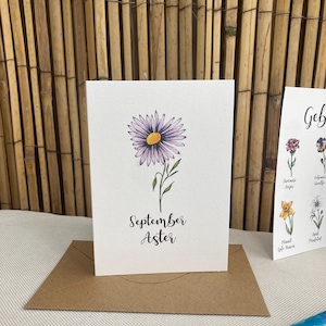 September Aster , Geboorte bloemen gevouwen ansichtkaart of print, in kleur of mooi minimalistisch zwart wit, inclusief enveloppe