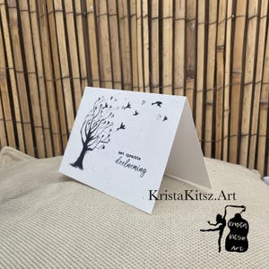 Carte de condoléances arbre et oiseaux, avec nos sincères condoléances NL DU et EN. Impression aquarelle peinte à la main pliée avec enveloppe