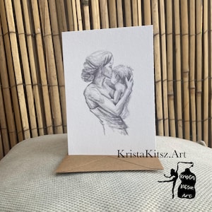Amour maternel, dessin mère avec bébé sur le bras, double carte postale avec enveloppe, impression de dessin au crayon graphite