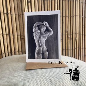Ansichtkaart of print Gespierde man naakt gezien op de rug, zwart wit schilderij,van schilderij , dubbele ansichtkaart met envelop