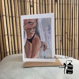 Vrouw met glas wijn sigaret en wijd overhemd , ansichtkaart in kleur van schilderij , dubbele ansichtkaart met envelop