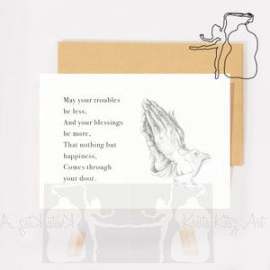 Mãos em oração. Com texto. cartão dobrado com envelope ou impressão com moldura de papelão lisa, desenho a lápis de Krista Kitsz