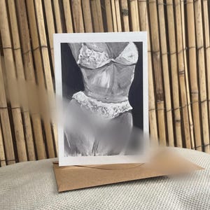Ansichtkaart Vrouw in lingerie, of print “shades of grey series” Krista Kitsz Art, zwart wit print van origineel schilderij postkaart