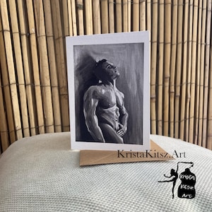 Carte postale ou impression Homme musclé debout nu contre un mur, tableau noir et blanc, impression d'un tableau ou carte postale double avec enveloppe