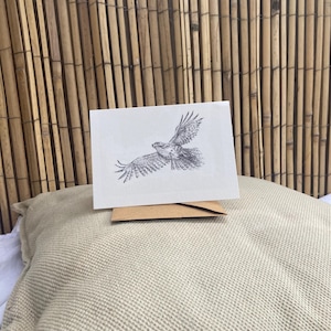 Jonge Adelaar in vlucht , dubbele kaart met envelop zonder tekst, print van potlood tekening door Krista Kitsz Art.