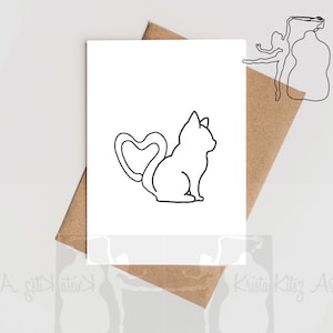 Kat hart vorm staart lijn tekening , dubbele kaart zonder tekst met envelop, print van inkt pen tekening door Krista Kitsz Art.