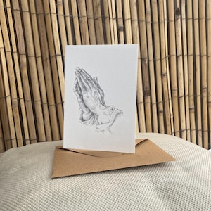 Biddende handen, gevouwen kaart met envelop of print Gepersonaliseerd tekst mogelijk potlood tekening van Krista Kitsz rechtstreeks verzonde