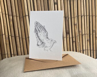 Praying hands, folded card with envelope or print Personalized text possible pencil drawing by Krista Kitsz postcard