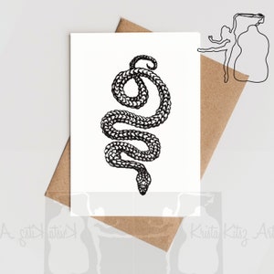 Slang, dubbele kaart met envelop, rechtopstaand zonder tekst print van inkt tekening door Krista Kitsz Art.