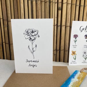Januari Anjer , Geboorte bloemen gevouwen ansichtkaart of print, in kleur of mooi minimalistisch zwart wit, inclusief enveloppe