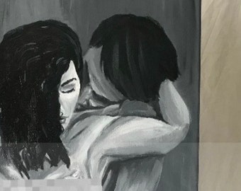 Peinture originale « Éveille mon âme » passion homme et femme nuances de gris Krista Kitsz Acrylique sur toile tendue