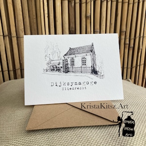 Carte postale de la synagogue Dijk Sliedrecht, carte postale double avec enveloppe, impression d'un dessin au crayon graphite