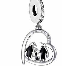 Penguin Family Love Heart Dangle Charm Pandora Bracelet Compatible Charm Mum Baby Mom Wife Sister Daughter Charm Sterling Silver 925 Bead