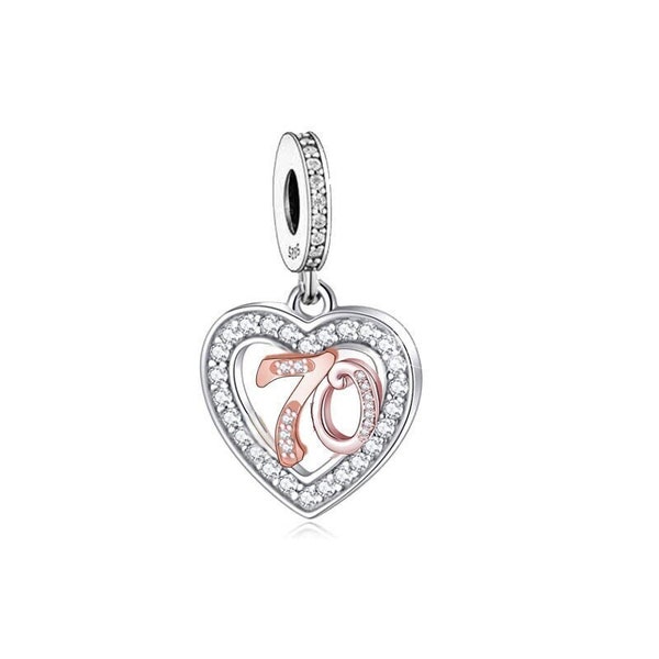 70th Birthday Charm Bracelet Pandora Charm, 70 70h Anniversary Heart Dangle Charm, Genuine Sterling Silver 925 Bead, Grandma Mom Dad Sister