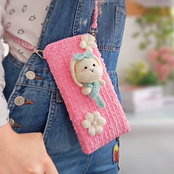 Sac à main en velours rose pour téléphone portable, étui pour iPhone mignon lapin et fleur, pochette pour téléphone dessin animé