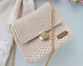 Light Beige Shoulder Bag, Small Crochet Bag for Women, Handmade Cream Purse, Capri Summer Bag, Classic Box Bag, Prom Bag for Girls, Mini Bag