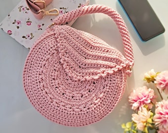 Pink Top Handle Bag for Girls, Round Crochet Purse, Pink Circle Handbag, Spring Crossbody Bag, Handmade Purse for Women, Cool Round Purse