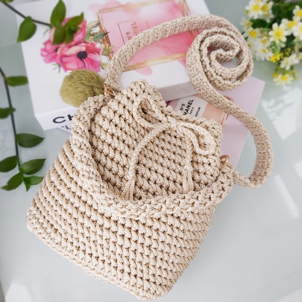 Sac seau au crochet, sac à main beige, sac à main tissé pour femme, sac à main seau à bandoulière, petit sac à bandoulière