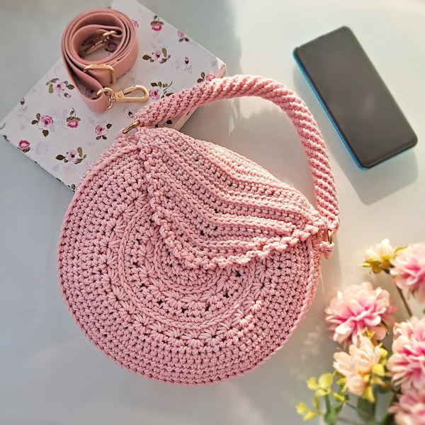 Rosa Henkeltasche für Mädchen, runde gehäkelte Geldbörse, rosa Kreishandtasche, Frühlings-Crossbody-Tasche, coole runde Geldbörse