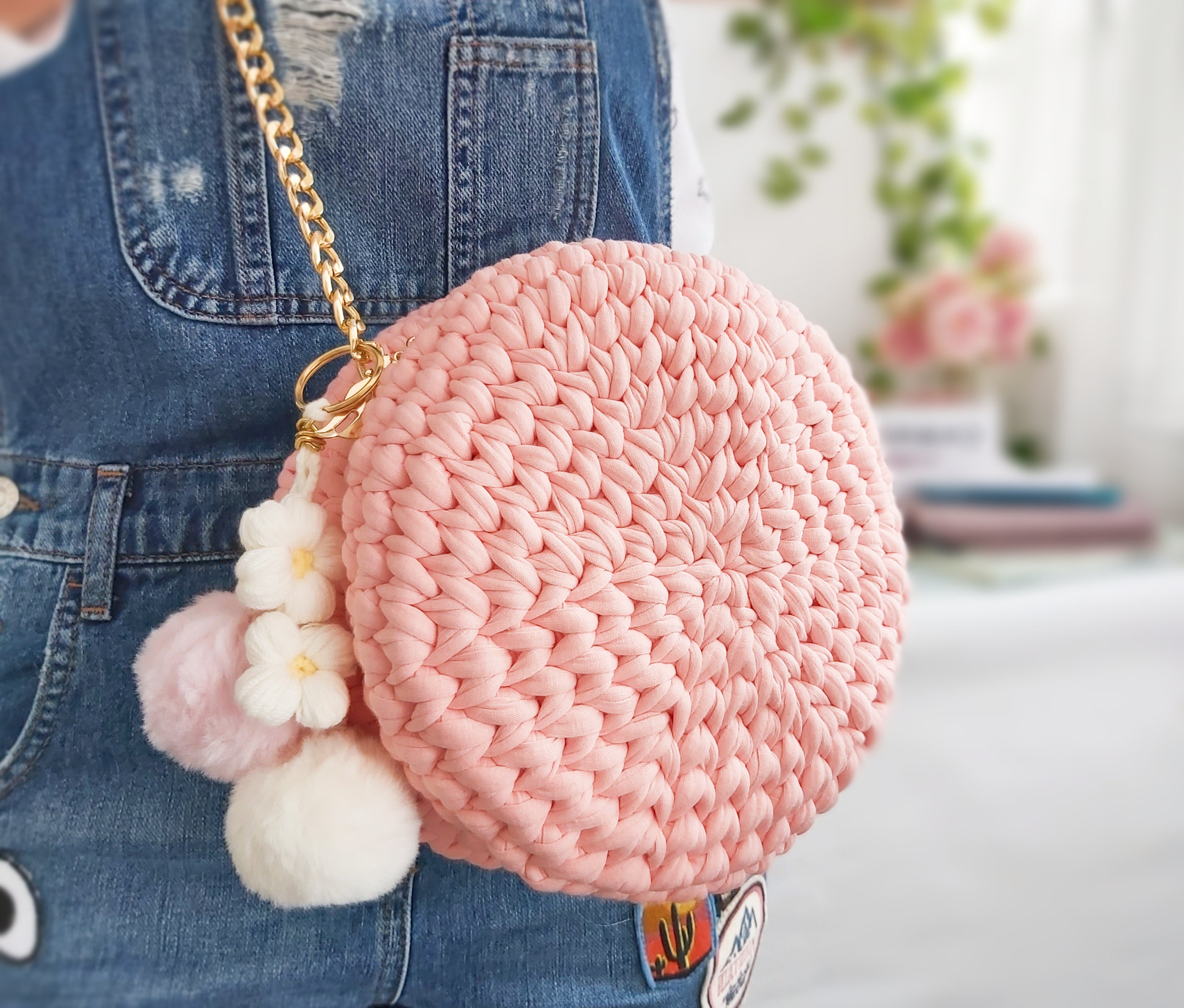 Pink Circle Bag for Girls, Cute Women Crochet Shoulder Purse