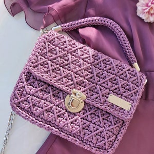 Bolso púrpura de ganchillo para mujer, bolso de punto, bolso de noche violeta, bolso hecho a mano para damas, bolso tejido acolchado