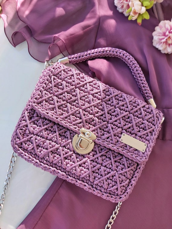 Crochet Purple Bag for Women Knitted Handbag Violet Evening Bag Handmade Purse for Ladies Quilted Woven Bag Hand Purse Shoulder Bag Etsy
