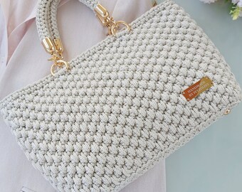 Off White grande borsa a maglia, borsa tote alla moda all'uncinetto, borse di lusso per le donne, borsa con manico superiore tessuta a mano