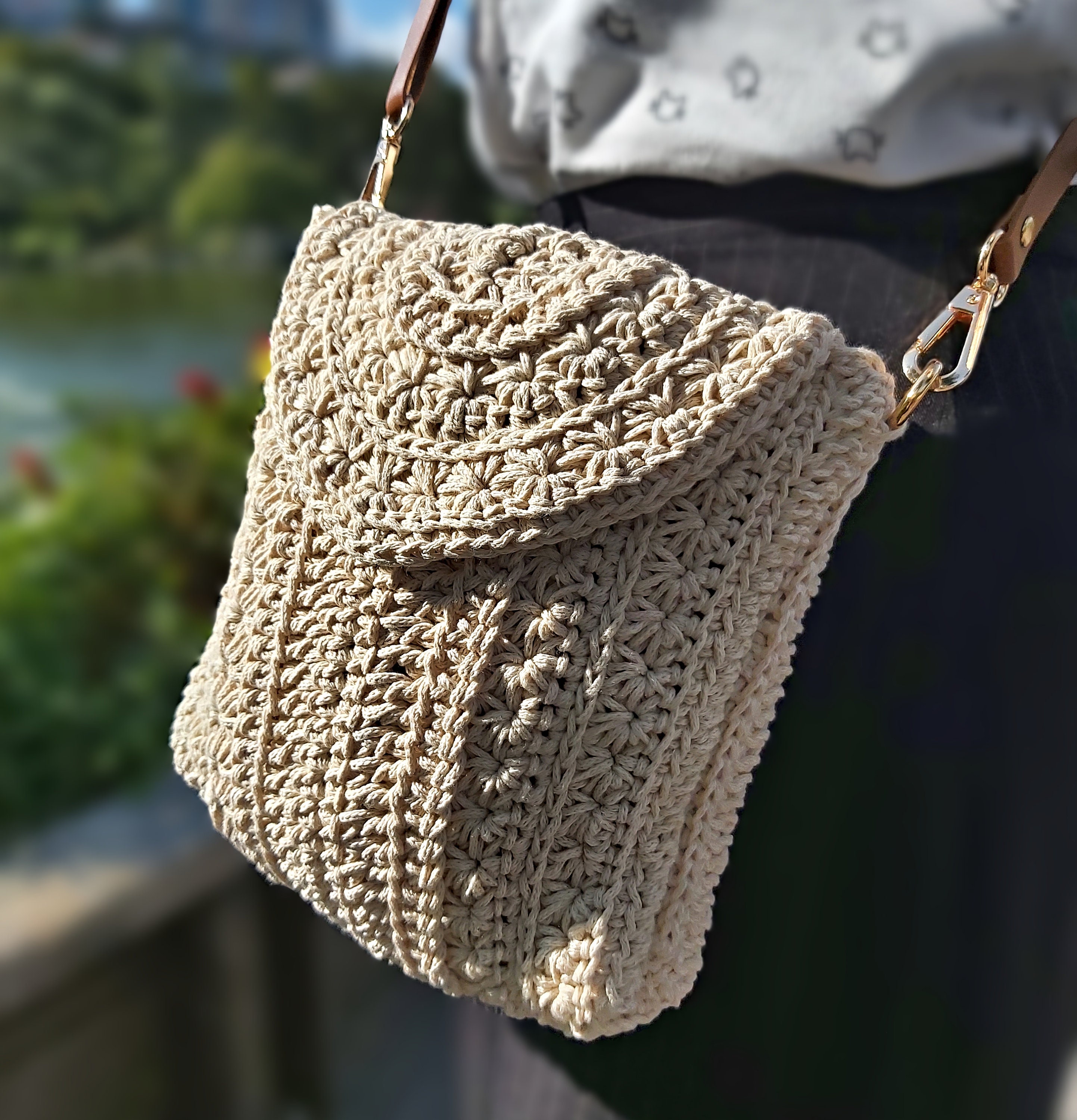 Beige Bag for Girls, Hippie Shoulder Bag, Knitted Crossbody Bag