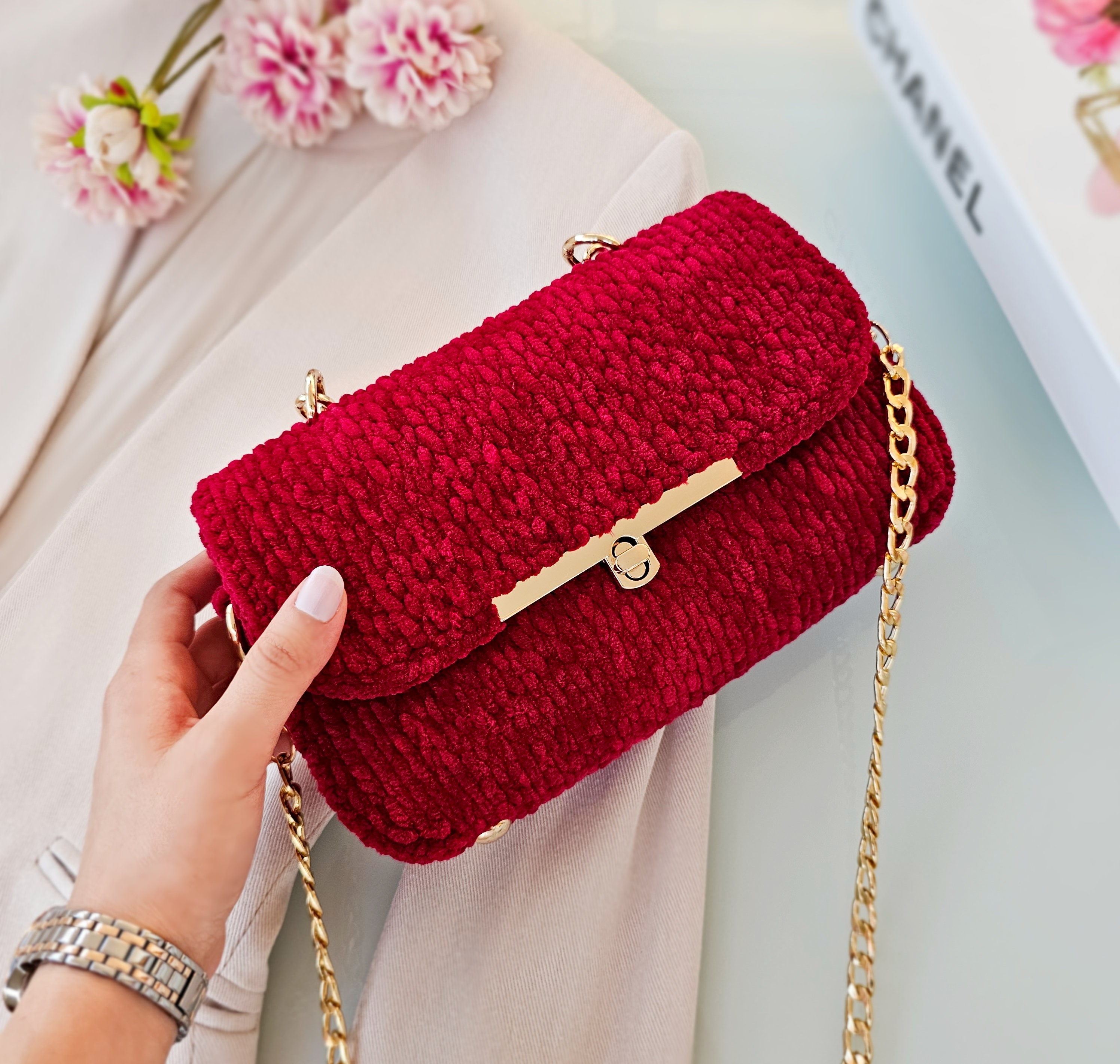 Red Velvet Handbag for Women, Handmade Crochet Bag, Woven Hippie