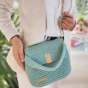 bag for events handmade bag crochet top handle purse spring purse ladies purse quilted bag saddle bag Medium shoulder bag woven bag purse teal blue bag women handbag knitted bag gift bag for women