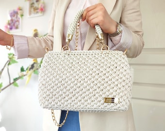 Buy Off White Crochet Bag for Women, Knitted Top Handle Bag, Girls