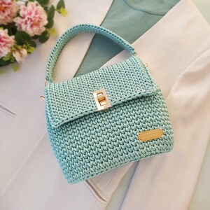 bag for events handmade bag crochet top handle purse spring purse ladies purse quilted bag saddle bag Medium shoulder bag woven bag purse teal blue bag women handbag knitted bag gift bag for women