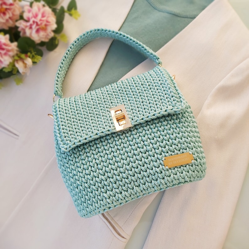 bag for events handmade bag crochet top handle purse spring purse ladies purse quilted bag saddle bag Medium shoulder bag woven bag purse teal blue bag women handbag knitted bag gift bag for women