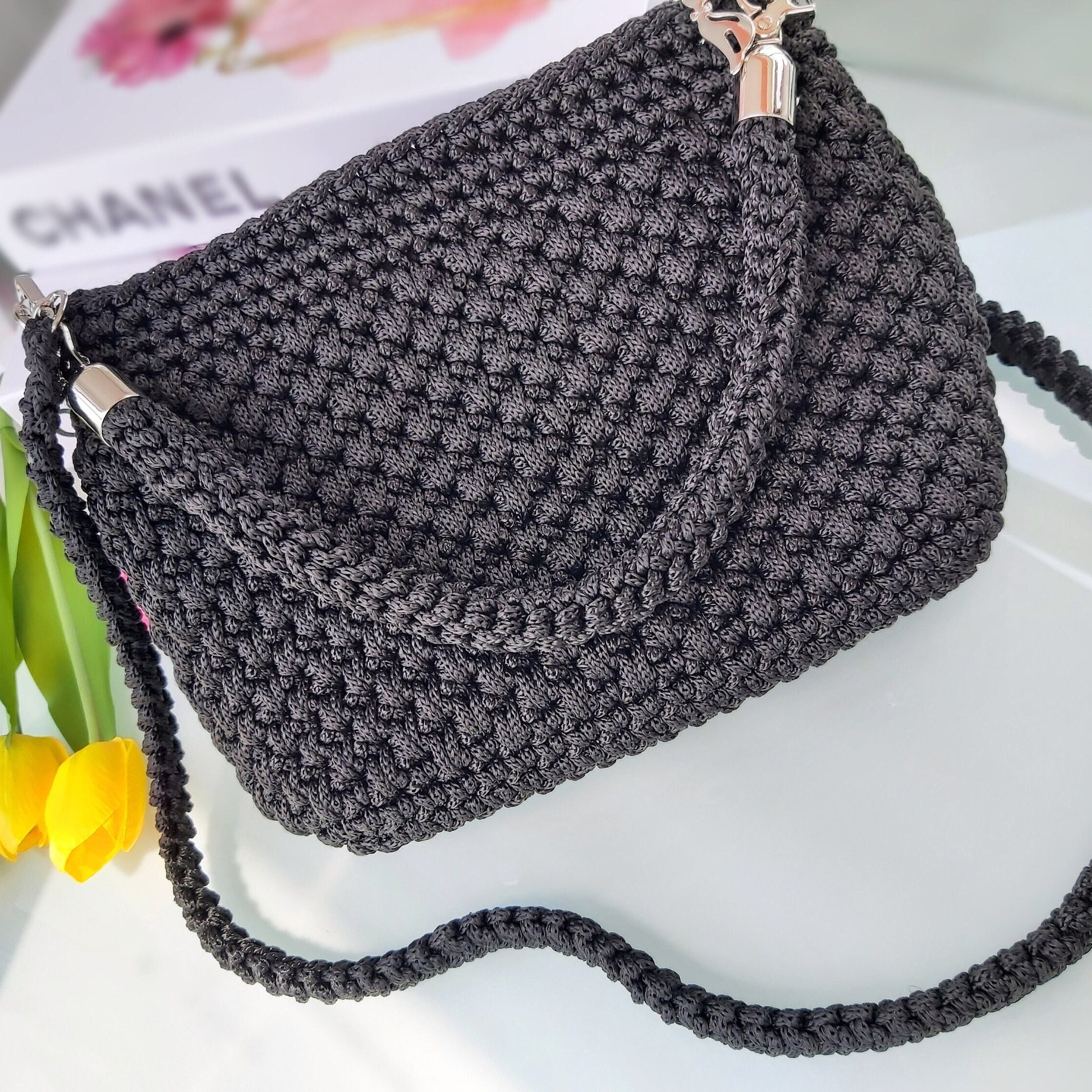 Black Crochet Bag for Women Handwoven Small Purse Handmade 