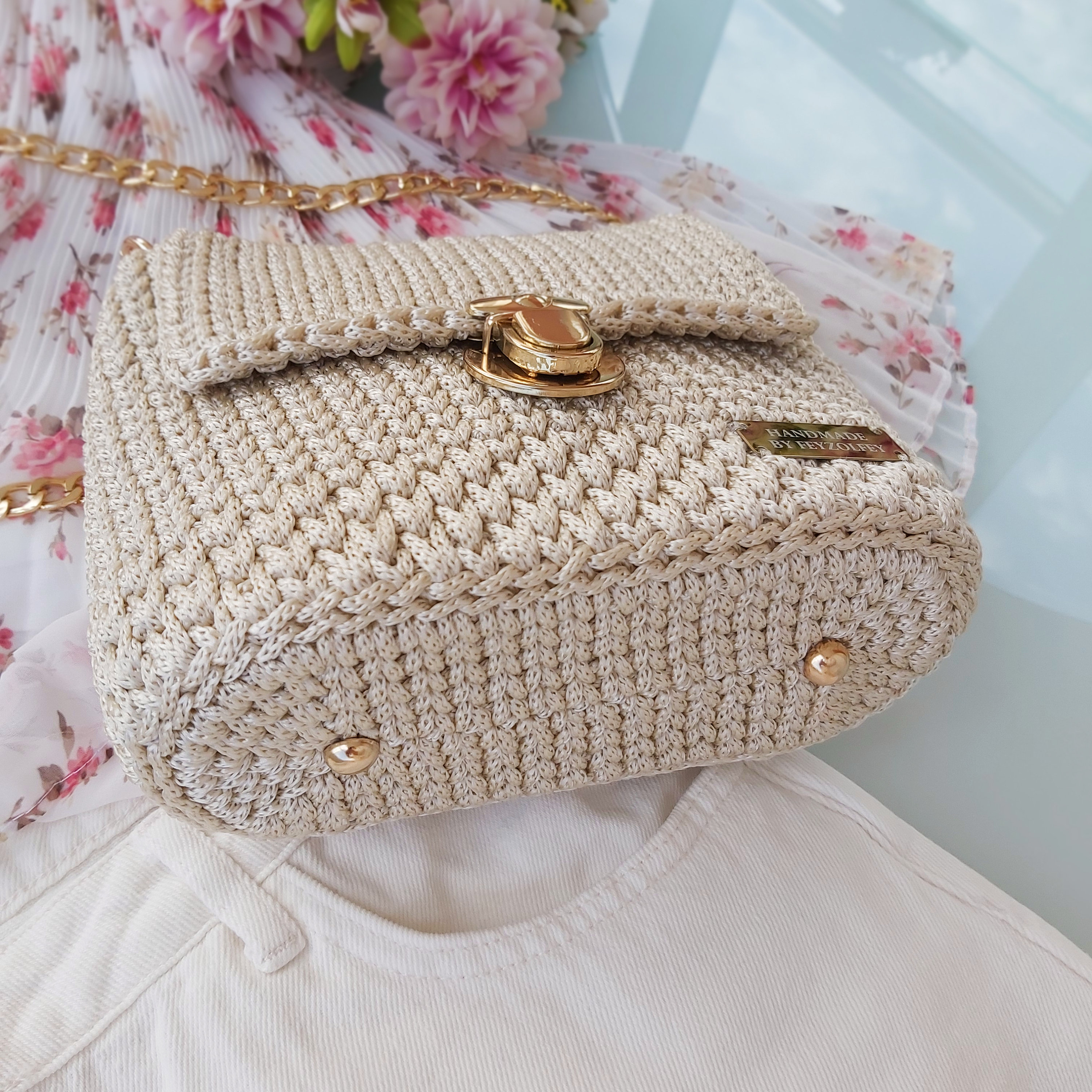 Unique Beige Handbag for Women, Handmade Crochet Bag, Lady's