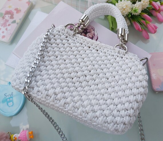 White Small Crochet Handbag for Women Girls Mini Bag for Summer Knitted Shoulder Bag Top Handle Capri Bag Woven Evening Bag White Purse Etsy