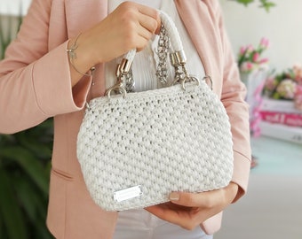 Weiße kleine Häkelhandtasche für Frauen, Mädchen-Minitasche für den Sommer, gestrickte Umhängetasche, Top-Griff-Capri-Tasche,weiße Geldbörse