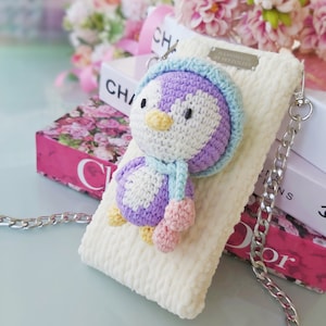 Pinguin-Handytasche für Mädchen, Cartoon-Puppentasche, gehäkelte weiche Handytasche, Schulter-Handytasche, süße Handytasche