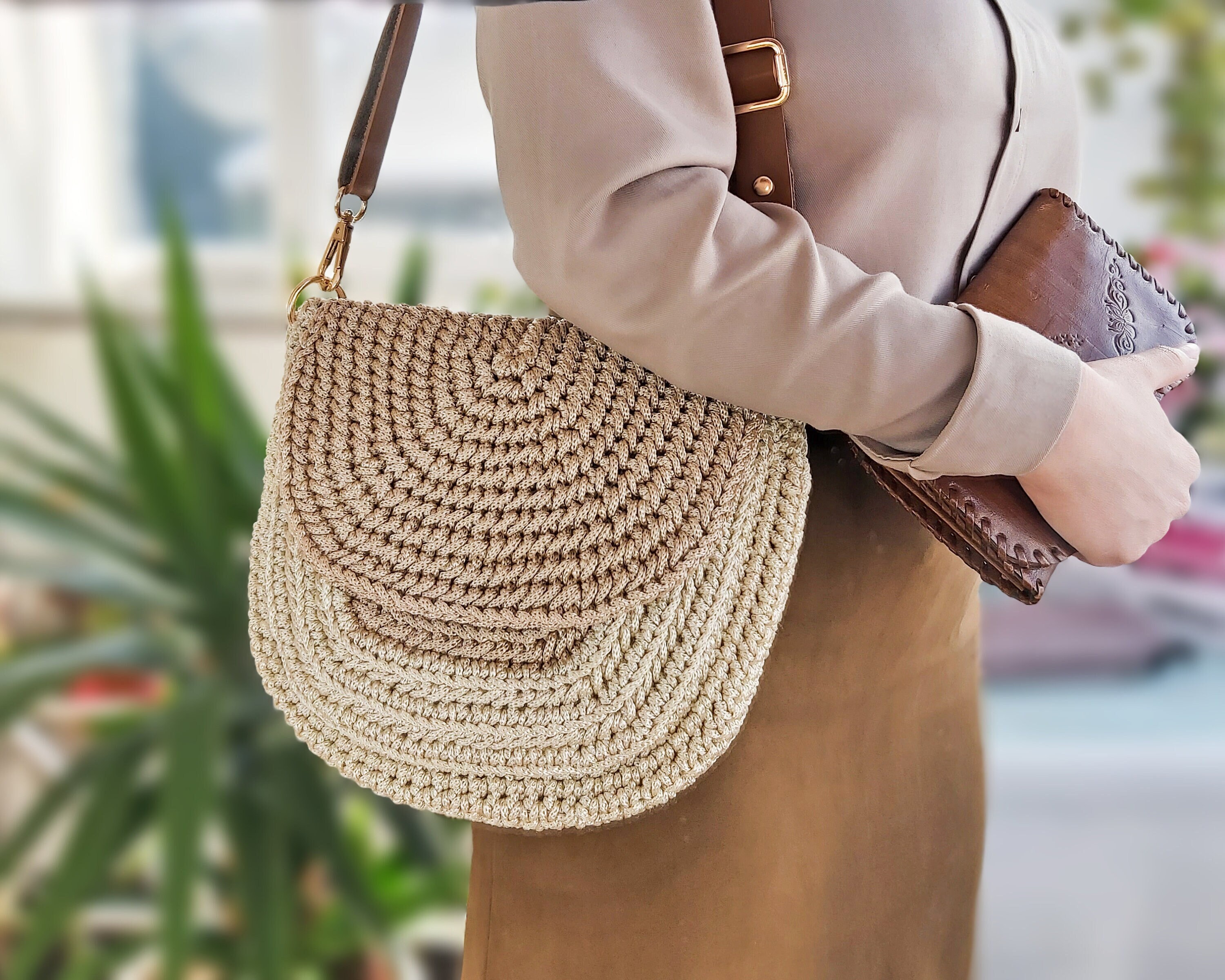 Crochet Beige Purse, Brown and Beige Bag for Women