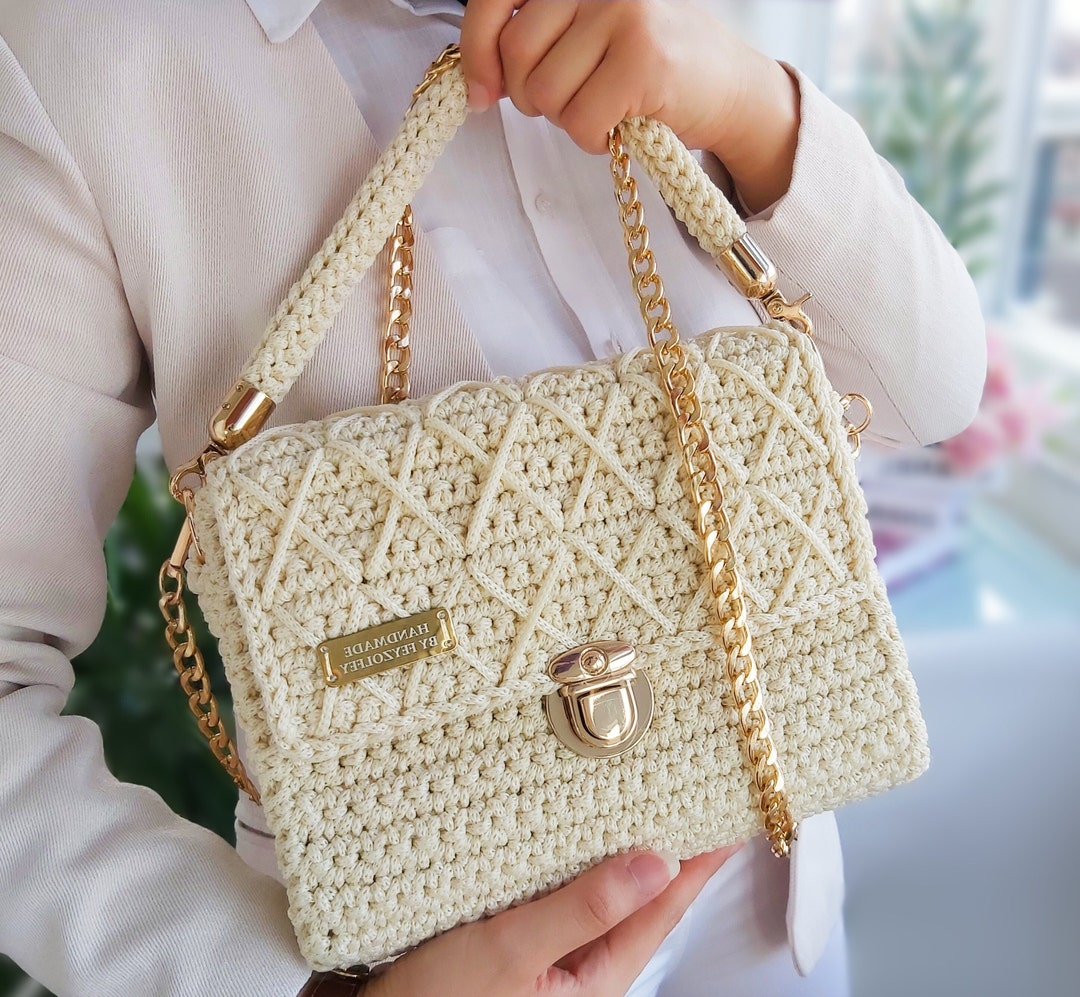 Cream Bag for Women, Quilted Luxury Bag, Crochet Bag Over Shoulder